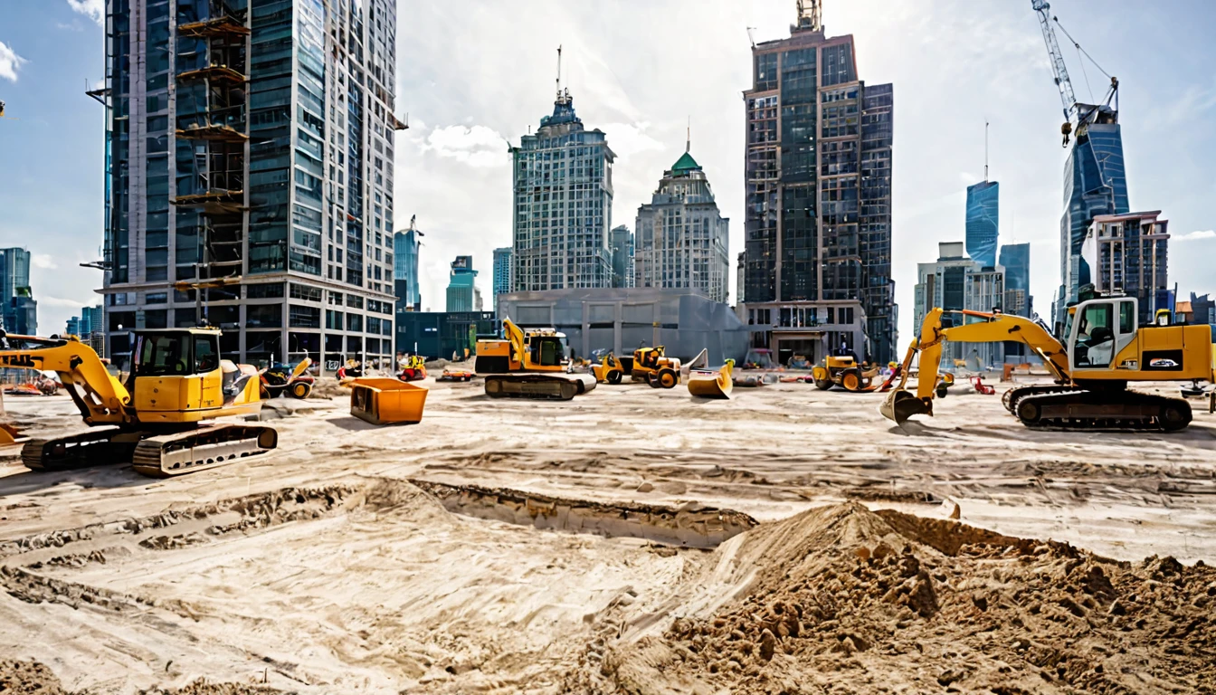 first person view, facing a vacant lot, large skyscraper being built, various construction equipment