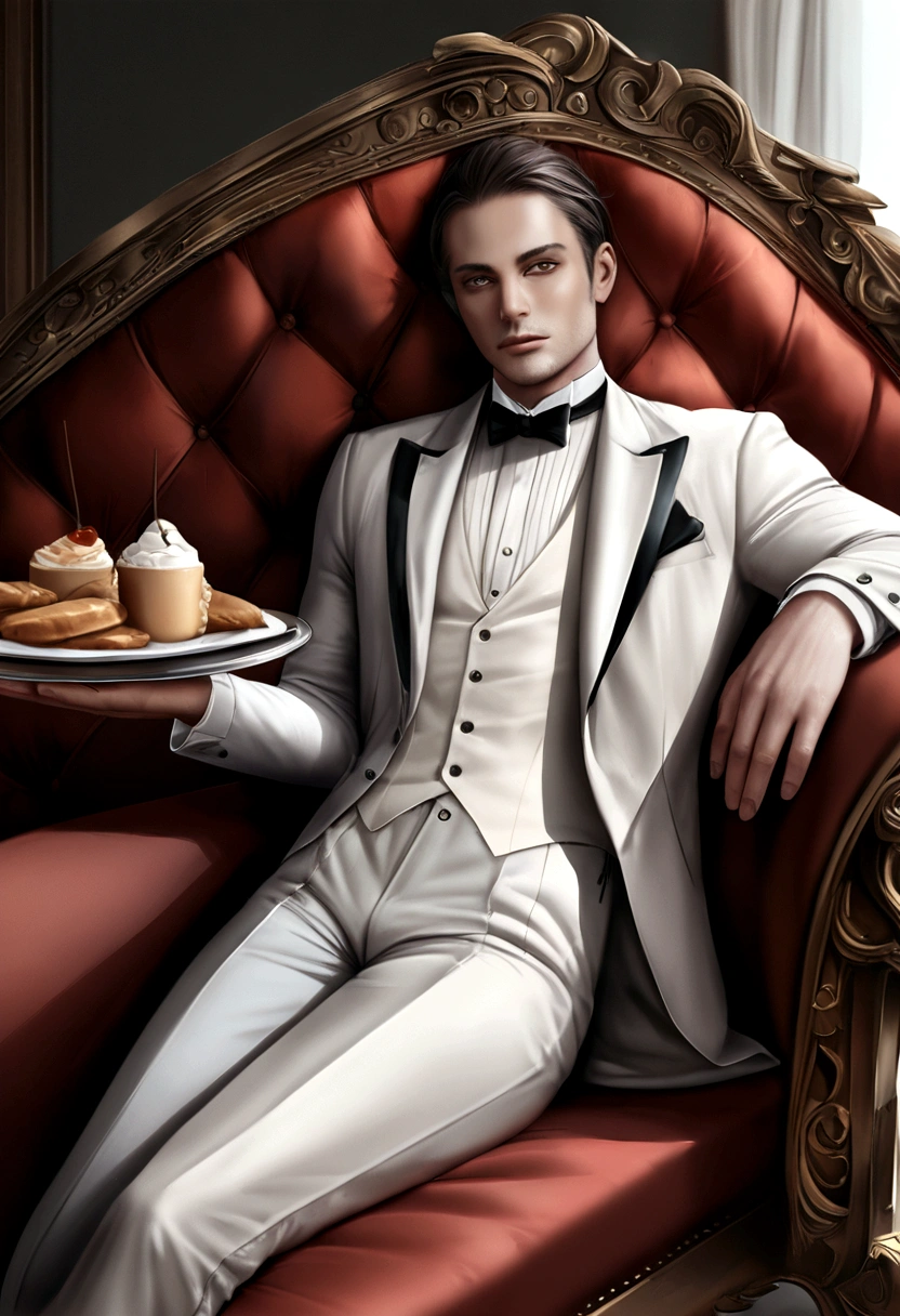 Man lying on chaise lounge, At his side is a butler holding a tray of food., ultrarealism.  