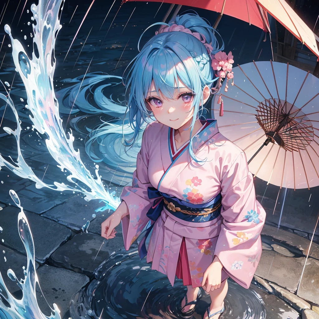 sky Blue hair, (braided ponytail),(pink eyes),fair skin ,(full body),(1 girl),smile,Straight Bangs,(masterpiece, best quality, ultra-detailed, best shadow), (detailed background), (beautiful detailed face), high contrast, (best illumination, an extremely delicate and beautiful), ((cinematic light)), colorful, hyper detail, dramatic light, intricate details,(rain shower),kyoto,big Japanese Umbrella,kimono,