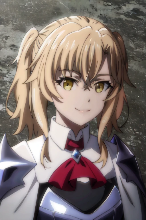 GoblinSlayer, NobleFencer, solo, girl1, looking at viewer, smile, long sleeves, brown eyes, white cape, armor, shoulder armor, portrait, red ascot, upper body view