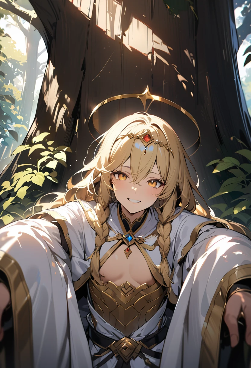 1boy, long overflowing blonde hair loosely braided, golden eyes, subtle holy glow, small golden circlet, looking at viewer, smiling, white robes, flat chest, girly boy, gigantic tree with golden leaves background, textured skin, award winning, high details, incredible high-key lighting and shadows, masterpiece, UHD, UHD, UHD, UHD