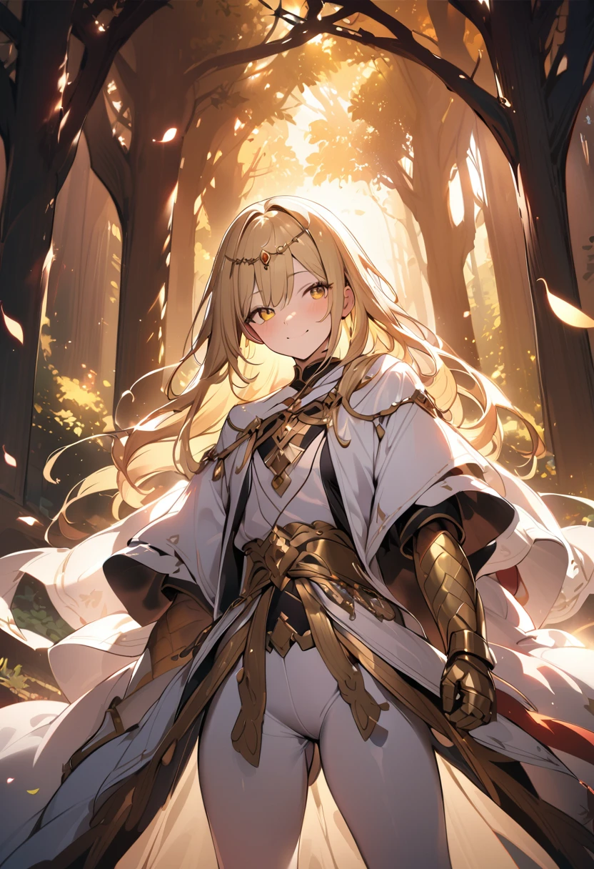 1boy, long overflowing blonde hair loosely braided, golden eyes, subtle holy glow, small golden circlet, looking at viewer, smiling, white robes, flat chest, girly boy, gigantic tree with golden leaves background, textured skin, award winning, high details, incredible high-key lighting and shadows, masterpiece, UHD, UHD, UHD, UHD