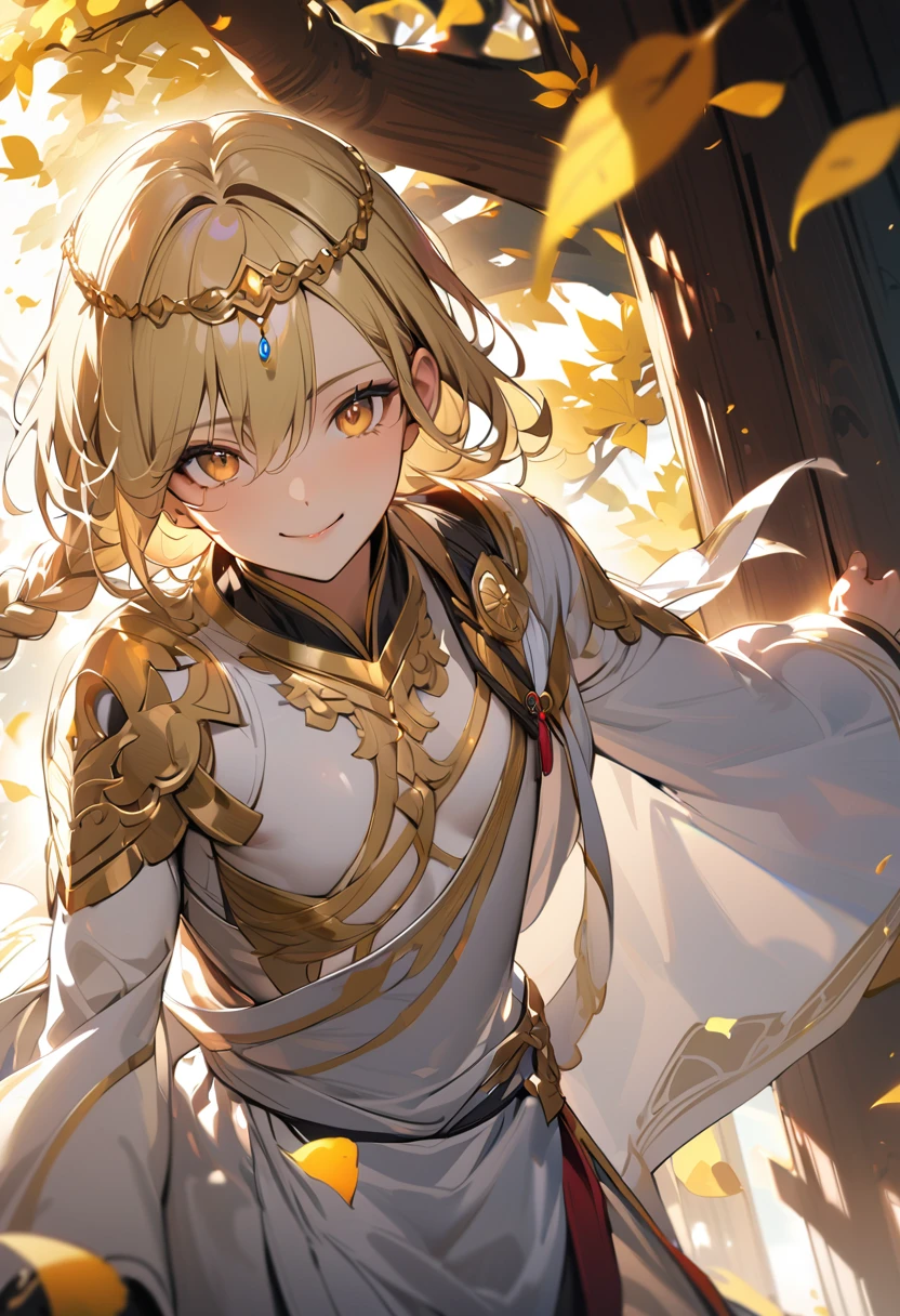 1boy, long overflowing blonde hair loosely braided, golden eyes, subtle holy glow, small golden circlet, looking at viewer, smiling, white robes, flat chest, girly boy, gigantic tree with golden leaves background, textured skin, award winning, high details, incredible high-key lighting and shadows, masterpiece, UHD, UHD, UHD, UHD