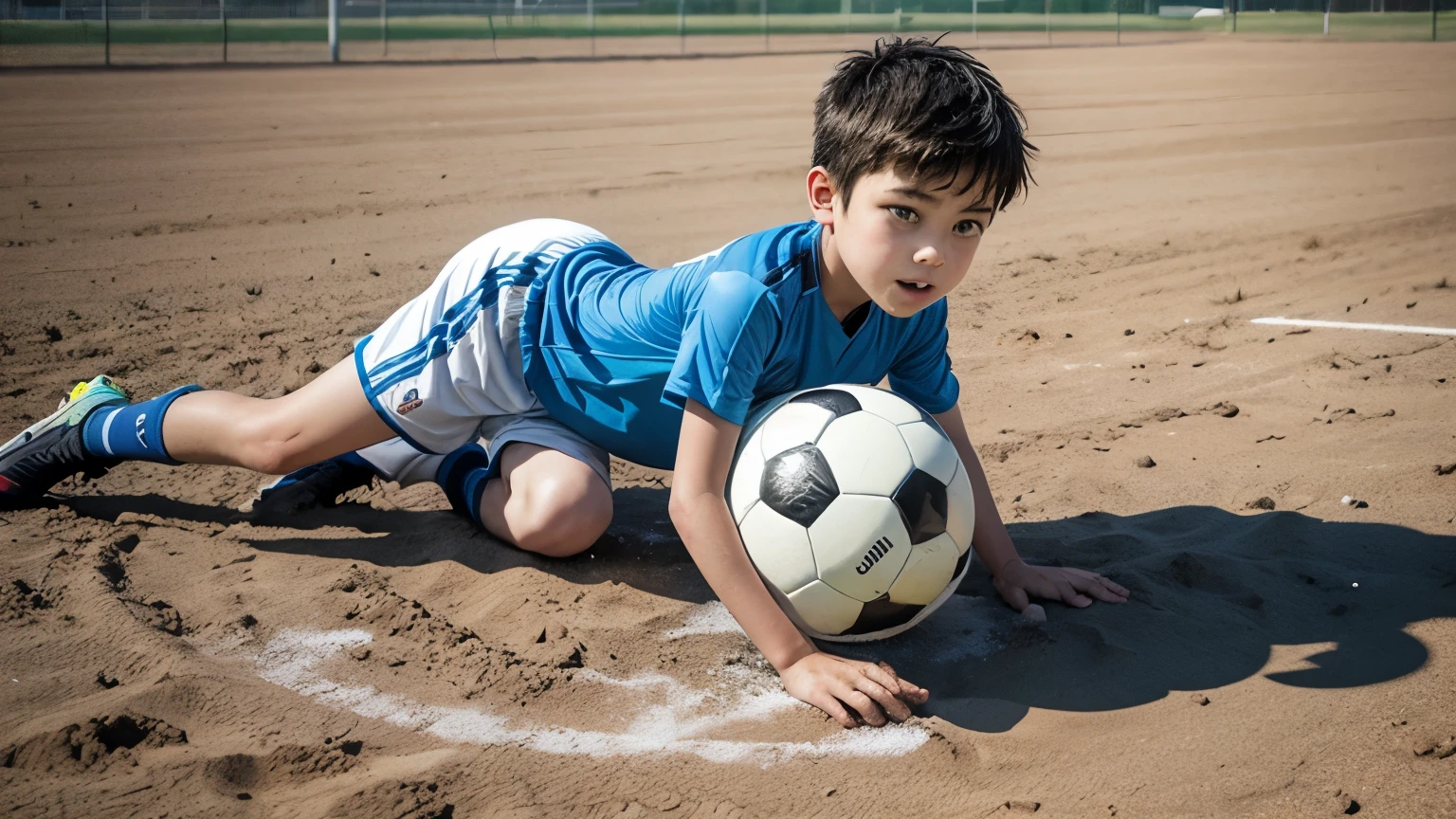 Create an image of a boy playing soccer on a dirt field