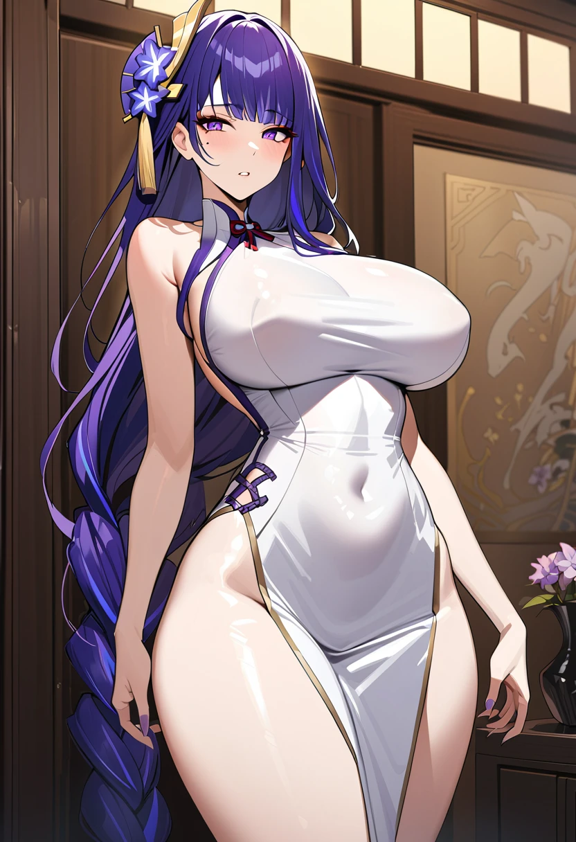 Raiden Shogun, purple hair, hair ornament,  wide hips, sexy, big breasts, bedroom, masterpiece, high quality, highres, cheongsam, tight dress