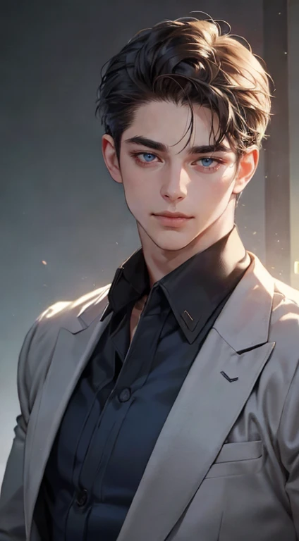 a mature, charming young man, 36 years old, with dark blue eyes, short right-swept dark dark hair, thick eyebrows, wearing a suit, in a quiet, smile in love expression, gazing at the audience, against a plain background with cinematic lighting, (best quality, 4k, 8k, highres, masterpiece:1.2), ultra-detailed, (realistic, photorealistic, photo-realistic:1.37), detective