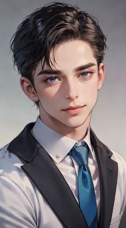 a mature, charming young man, 36 years old, with dark blue eyes, short right-swept dark dark hair, thick eyebrows, wearing a suit, in a quiet, smile in love expression, gazing at the audience, against a plain background with cinematic lighting, (best quality, 4k, 8k, highres, masterpiece:1.2), ultra-detailed, (realistic, photorealistic, photo-realistic:1.37), detective