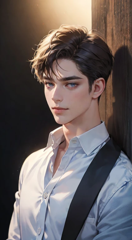 a mature, charming young man, 36 years old, with dark blue eyes, short right-swept dark dark hair, thick eyebrows, wearing a suit, in a quiet, smile in love expression, gazing at the audience, against a plain background with cinematic lighting, (best quality, 4k, 8k, highres, masterpiece:1.2), ultra-detailed, (realistic, photorealistic, photo-realistic:1.37), detective