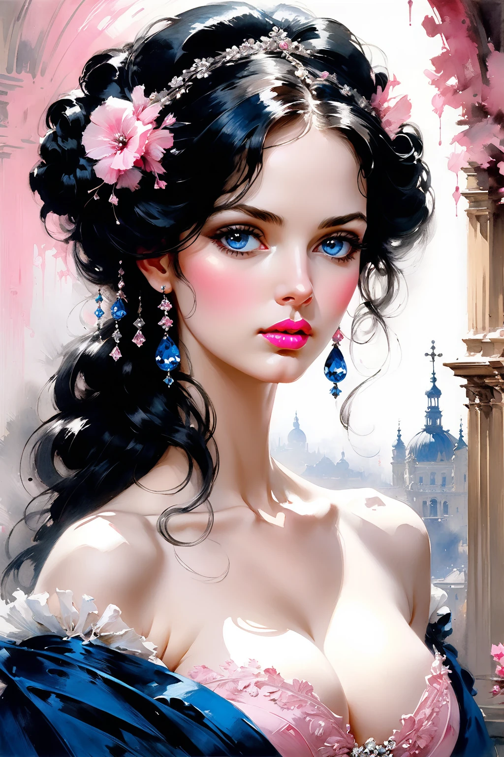 Victorian Hungarian women Women of the 19th century, Black hair, Pink lips, Nice feature, Wadim Kashin, james gurney, ink, Splash Art", Amazing beauty , Royo, after ing, Super detailed splash art modern European oil ink painting, Mid Gorgeous Breorgeous Body, oil painting, Dark Diamond Blue eyes, Blush, Greg Rutowski, (no NSFW image).
