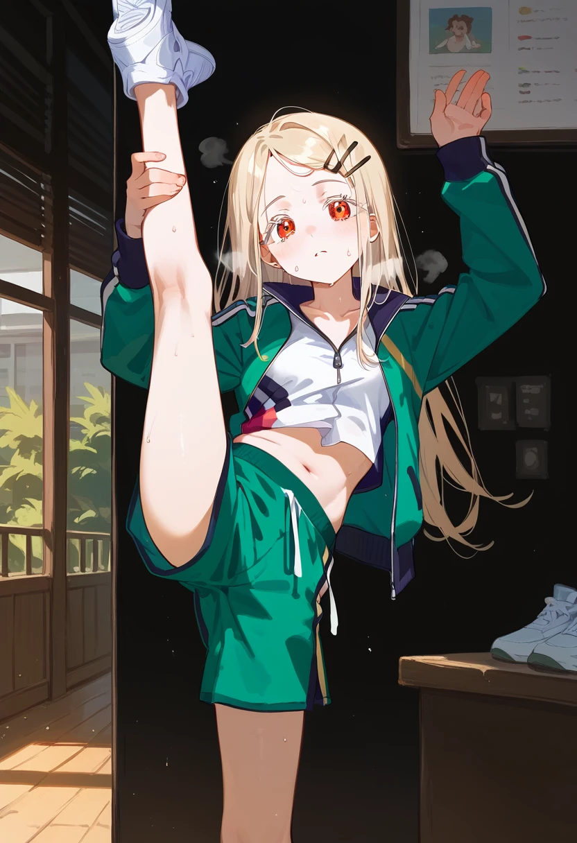 nsfw,best quality, masterpiece, uncensored, BEARK, hiro-gym,shinosawa hiro,slender,orange eyes,white eyelashes,blonde hair,long hair,hairclip,track jacket,green shorts,(open clothes),(down shorts),white sneakers, many sweat on head, heavy breathing, head focus, transparent sneakers, open shirt,standing split,