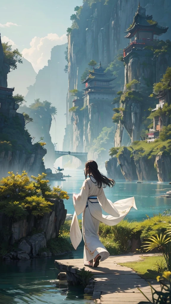 In ancient China, a  in white clothes with long hair and a young man with black beard are walking on the river beach, followed by a group of common people who are diligently excavating the river beach. The background is green mountains. There is a giant white Chinese snake stretched out from the water and hovering in the sky, imaginative, big scenes, warm scene, stunning movie visuals, hazy feeling, imaginative, orient-inspired, Chinese ink painting