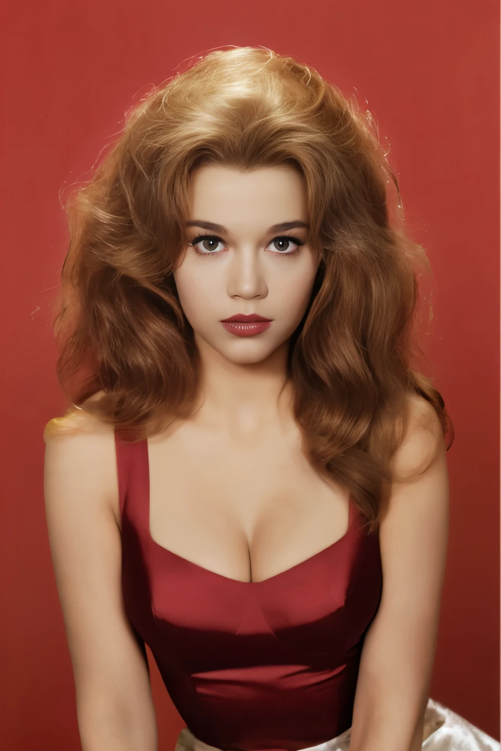janef a woman, solo, long hair, breasts, looking at viewer, simple background, brown hair, cleavage, medium breasts, parted lips, lips, makeup, border, red background, realistic