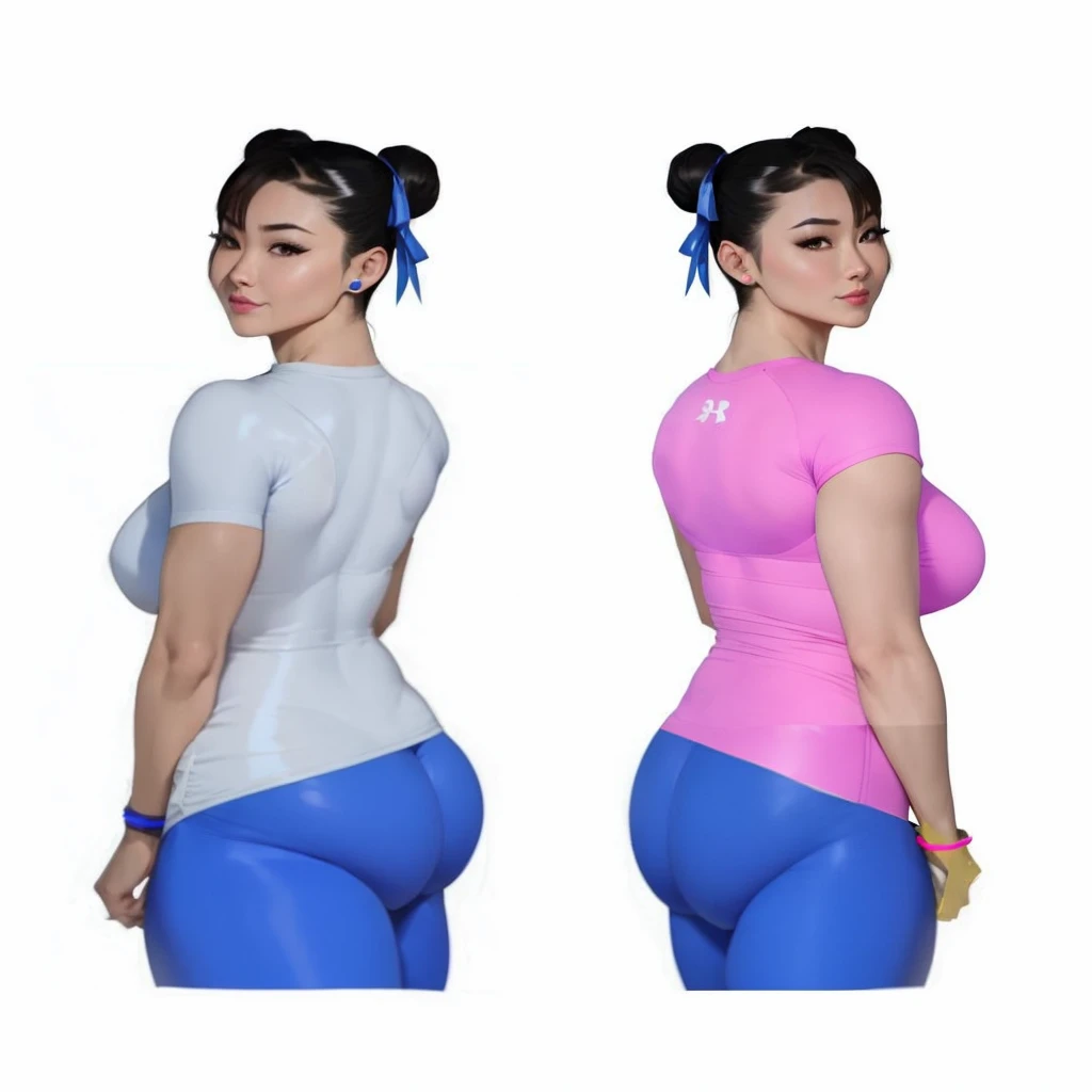 SF6 Chun-Li pose with both hand on hips booty at camera flaunting wearing Royal Blue shirt and thin grey Leggings thats the a exact same material as nitrile butadiene rubber gloves Thighs Buttocks Streetfighter Buruma Gravure shirt Japanese gym shoes pantyline