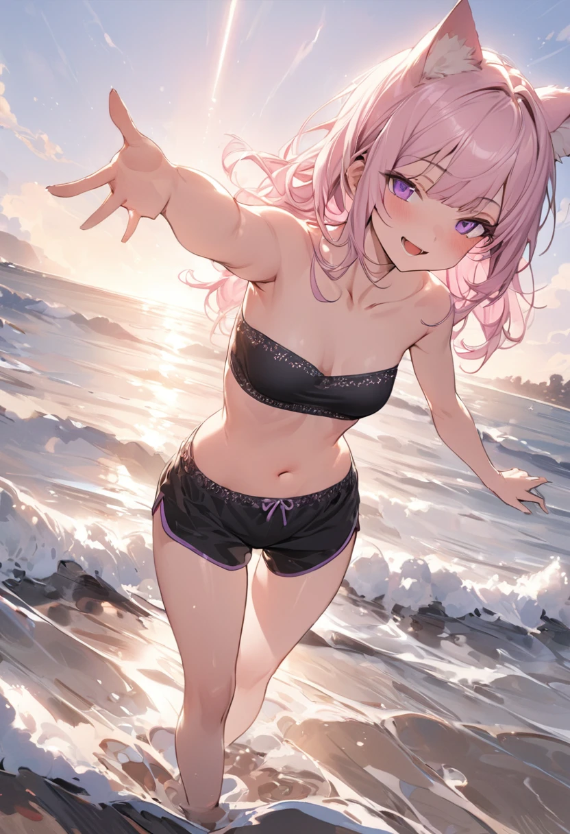 ((Masterpiece)), ((best quality)), (Anime:1.3), (super detail:1.2),(High Definition:1.3), (Professional Photography:1.2), (wide shot), (sharp focus), (perfect light), ((1girl)), (full body), messy medium hair, Beautiful collarbone, ((Tribal black tubutop)), strapless, cute navel, cute boxer shorts, (Healthy slim body), (loose blunt bangs), Slender body, glossy skin, (naughty smile), open mouth, ((Beautiful purple eyes)), Textured skin, (Cat ears), (Pale pink hair), Cute Beautiful Girl, (slightly exposed medium breast), BREAK, ((best quality)), (full body), ((1girl)), Dynamic angles, ((reaching arm)), (standing on the shoreline at dawn), (sharp focus), (perfect light),
