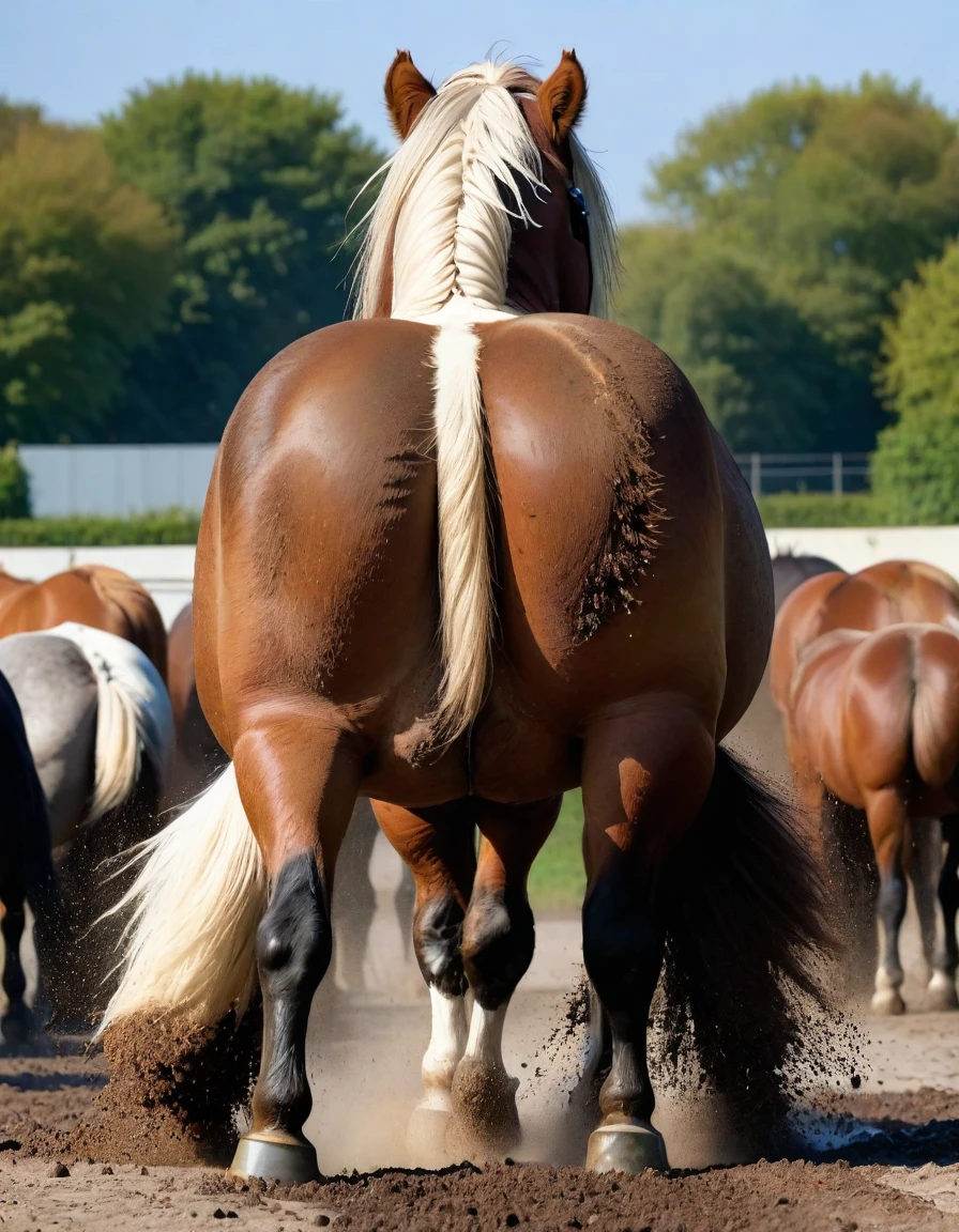 full rear view of large fat wide hairy Belgian draft horse stallion with lumps of horse dung blasting out of the centre of a big bum and sliding down legs. facing away from view point - towards horizon. wide open rectum and anus in full view full of horse dung. tail to left side. ((masterpiece)), ((best quality)), ((highres)), ((extremely detailed)), ((close  shot, back view)), (super realistic) . anatomically correct. horse surrounded by lumps of steaming dung