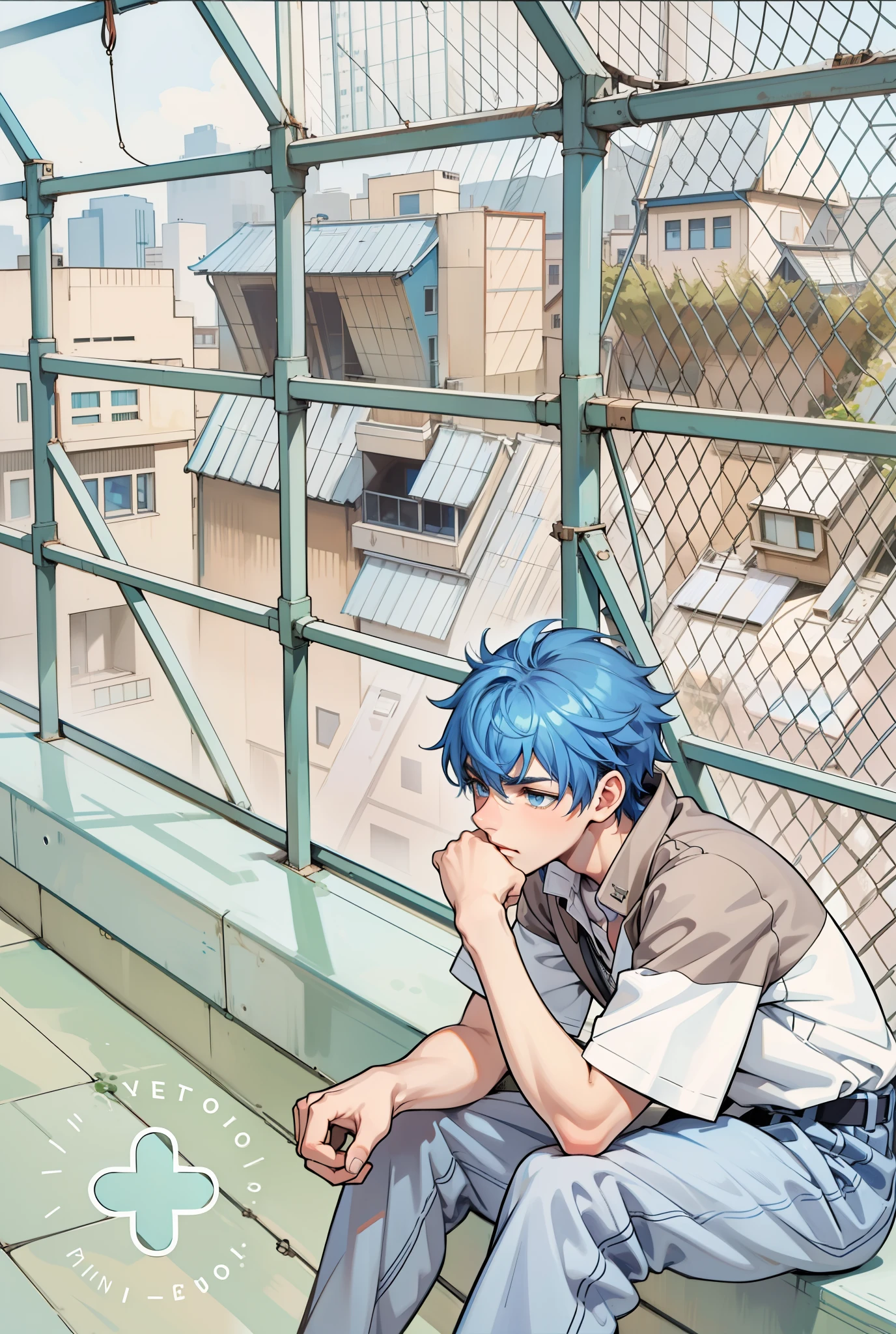 There is a 16-year-old boy with blue hair, blue eyes, on top of a school building, he is thoughtful, somewhat sad, looking at the city.