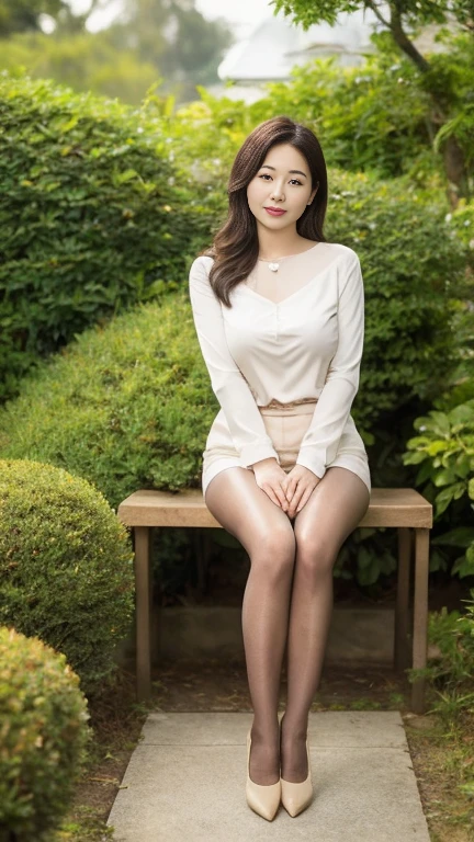 Japanese, (alone), Mature Woman,30 years old, (whole body), Big Breasts, Straight Long Hair, Glamour, sexy, Pure white skin, Observe the audience、(White blouse),(She is only wearing beige pantyhose),Black high heels、garden、Squat、Put your hands behind your back,(Legs apart 1.5),Spread your legs