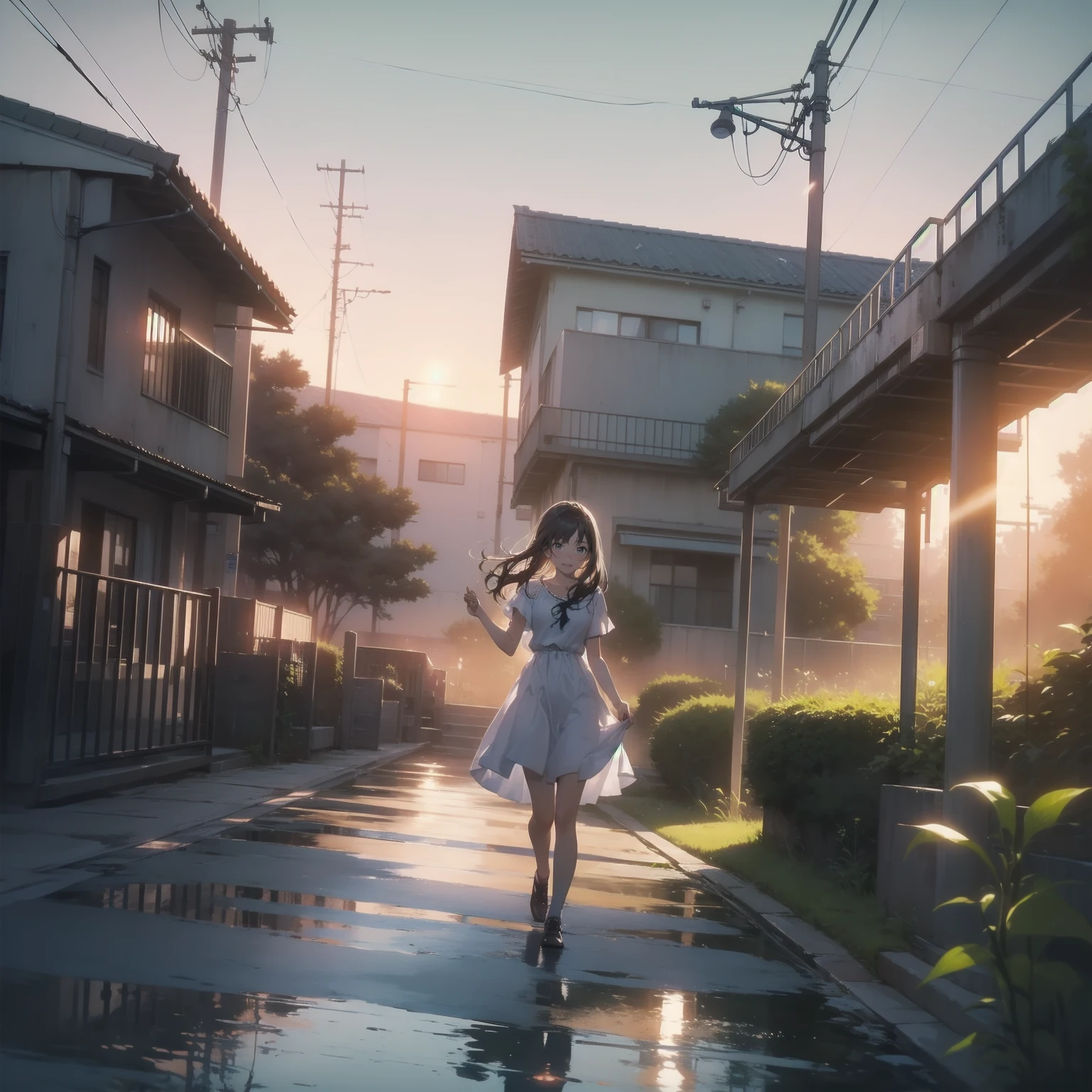 Vast landscape photography、(View from below、Shows the sky above and below)、High resolution、Highest quality、Very detailed、makoto shinkai、sunset、Girl in white dress looking sideways、College student with long brown hair、Electric pole、electric wire、Railroad crossing、Lens blur