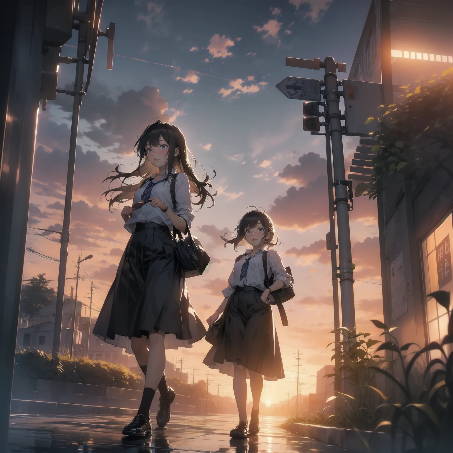 Vast landscape photography、(View from below、Shows the sky above and below)、High resolution、Highest quality、Very detailed、makoto shinkai、sunset、Girl in white dress looking sideways、College student with long brown hair、Electric pole、electric wire、Railroad crossing、Lens blur