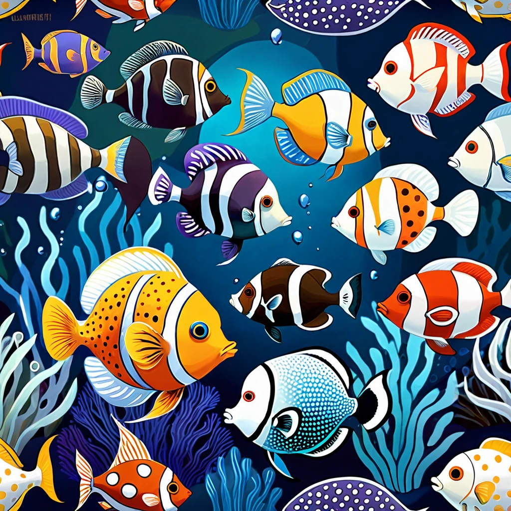 Tropical fish, puffer fish, angel fish,emperor fish, clown fish, porcupine fish, harlequin fish, trigger fish, whales, stylized naïf art style, lowbrow art. warm and cold colors skillfully dosed to recreate an evocative atmosphere. Seascape background, surreal aquarium.