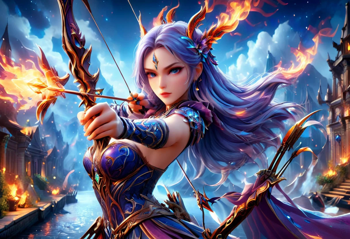 a picture of fire sorceress firing a flaming arrow from a magnificent epic bow, an (elite glamour beautiful: 1.2), fire sorceress, ultra detailed face,  perfect face, blue hair, long hair, wavy hair, wearing wild glamour dress, intricate dress, purple dress , with fire patterns on it, aiming an epic bow with a flaming arrow,  dynamic bow, sting drawn to the cheek , arrow ready to be shot, dynamic bow, sting drawn to the cheek , arrow ready to be shot, it is night, moon light, starry night, cloudy night,  high details, best quality, 16k, [ultra detailed], masterpiece, best quality, (extremely detailed), dynamic angle, full body shot, fantasy urban street at night bacground, Aiming a Bow, bow (weapon), Aiming a Bow ,faize, ral-lava