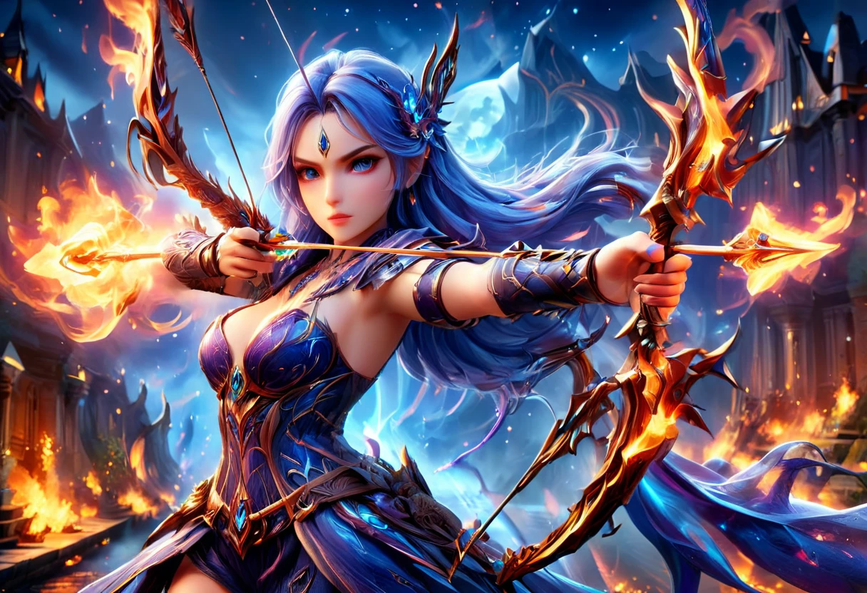 a picture of fire sorceress firing a flaming arrow from a magnificent epic bow, an (elite glamour beautiful: 1.2), fire sorceress, ultra detailed face,  perfect face, blue hair, long hair, wavy hair, wearing wild glamour dress, intricate dress, purple dress , with fire patterns on it, aiming an epic bow with a flaming arrow,  dynamic bow, sting drawn to the cheek , arrow ready to be shot, dynamic bow, sting drawn to the cheek , arrow ready to be shot, it is night, moon light, starry night, cloudy night,  high details, best quality, 16k, [ultra detailed], masterpiece, best quality, (extremely detailed), dynamic angle, full body shot, fantasy urban street at night bacground, Aiming a Bow, bow (weapon), Aiming a Bow ,faize, ral-lava