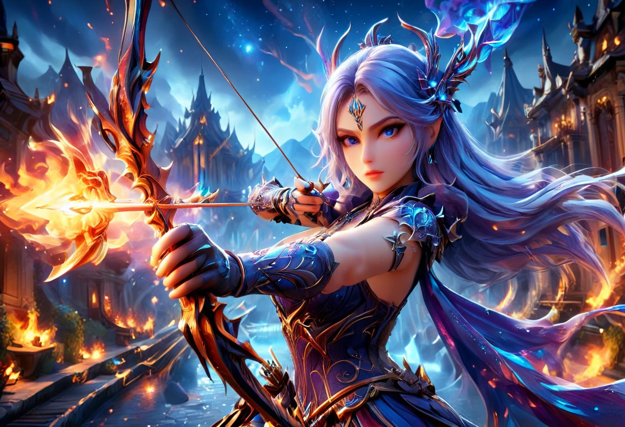 a picture of fire sorceress firing a flaming arrow from a magnificent epic bow, an (elite glamour beautiful: 1.2), fire sorceress, ultra detailed face,  perfect face, blue hair, long hair, wavy hair, wearing wild glamour dress, intricate dress, purple dress , with fire patterns on it, aiming an epic bow with a flaming arrow,  dynamic bow, sting drawn to the cheek , arrow ready to be shot, dynamic bow, sting drawn to the cheek , arrow ready to be shot, it is night, moon light, starry night, cloudy night,  high details, best quality, 16k, [ultra detailed], masterpiece, best quality, (extremely detailed), dynamic angle, full body shot, fantasy urban street at night bacground, Aiming a Bow, bow (weapon), Aiming a Bow ,faize, ral-lava