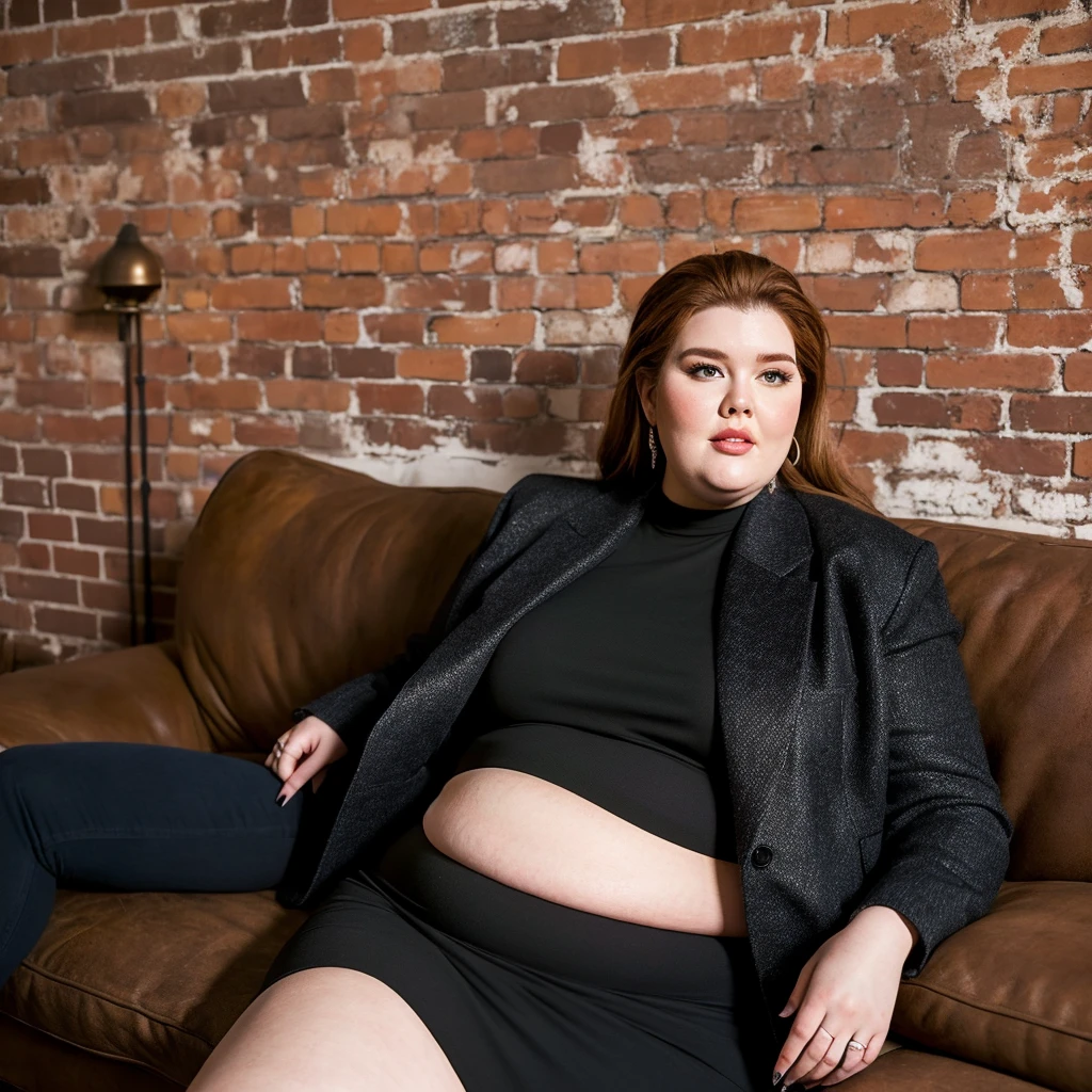 Women with big, flabby bellies are Tess Holliday. Beautiful blonde women with beautiful faces are severely obese, obese American women with big, flabby, saggy bellies sticking out, wearing tailored jackets, sitting on sofas in industrial rooms, 4K quality, low angle
