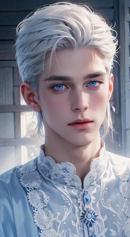 delicate man, 29-years-old, grayish white hair, ice blue eyes, scar on cheek, wears traditional clothes with lace applications, pale hair, beautiful blue eyes.