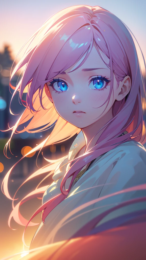 a beautiful detailed girl walking towards the viewer, dramatic expression, sunset-colored hair, light blue eyes, glass-like eyes, showing her palms, bokeh effect, dynamic, (best quality,4k,8k,highres,masterpiece:1.2),ultra-detailed,(realistic,photorealistic,photo-realistic:1.37),vivid colors,studio lighting,portrait