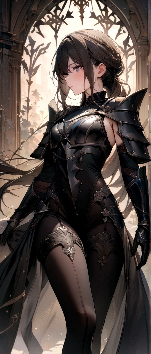 (masterpiece,best quality,8K:1.2), (ultra-detailed,high resolution),(illustration),(an extremely delicate and beautiful),(detailed background), 1girl, cowboy shoto, ((She wears armor, black bodystocking)),