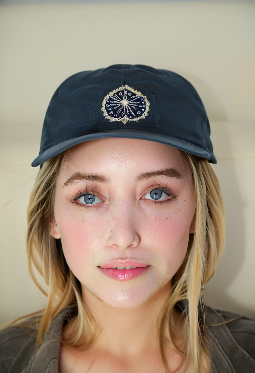 Blonde woman with blue eyes, wearing a black cap on his head (blunt cap image, full image of the cap), portrait ultra detailed, perfeito face detailed, very high quality face, face detailed, soft portrait photographed in 8k, Extremely beautiful face, detailed perfect face, real face detailed, perfectly lit face,  ultra face detailed,  face and cap on head detailed
