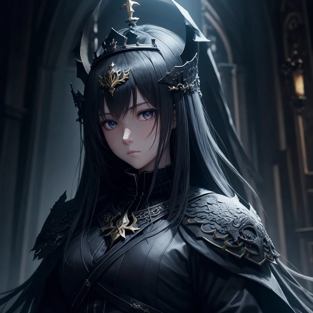 Dark environment and that it is like anime and that it has beautiful designs and an adult girl looking straight ahead with a dragon clothing with a crown on top with 8k or HD designs that is anime and has a face that would be 