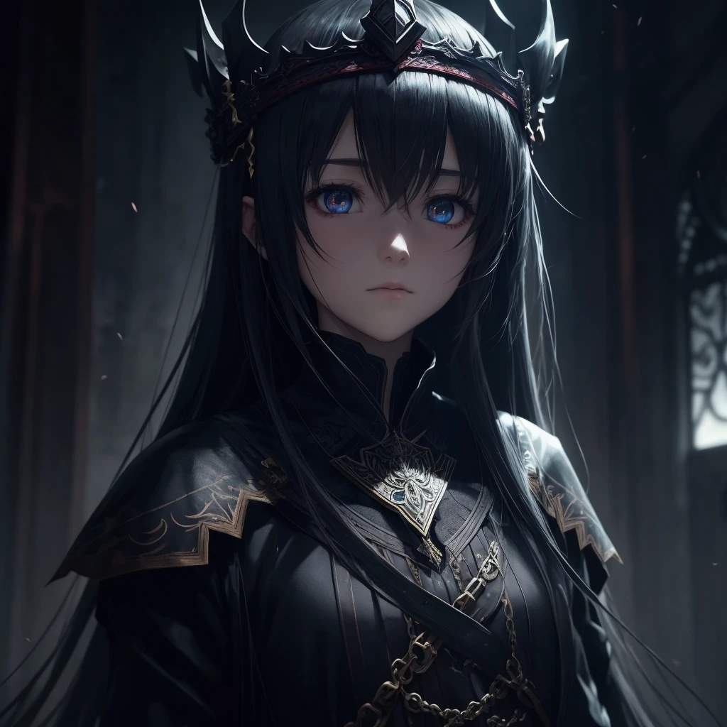 Dark environment and that it is like anime and that it has beautiful designs and an adult girl looking straight ahead with a dragon clothing with a crown on top with 8k or HD designs that is anime and has a face that would be 