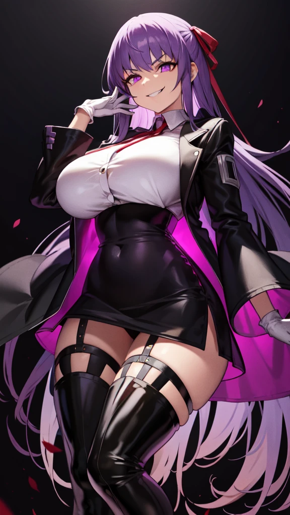  isometric, mid shot,  night, ,,, purple hair, black jacket, white shirt, black skirt, red ribbon, big breasts, purple eyes, white gloves, long hair, big collar, evil smile,,thighhigh boots,(evil smile:1.3),Highly detailed CG Unity 8K wallpaper, perfect lighting,laugh at,too evil smile,too evil smirk,looking down at viewer,,smile bad,deep shaded face,too evil fall,dark world background,