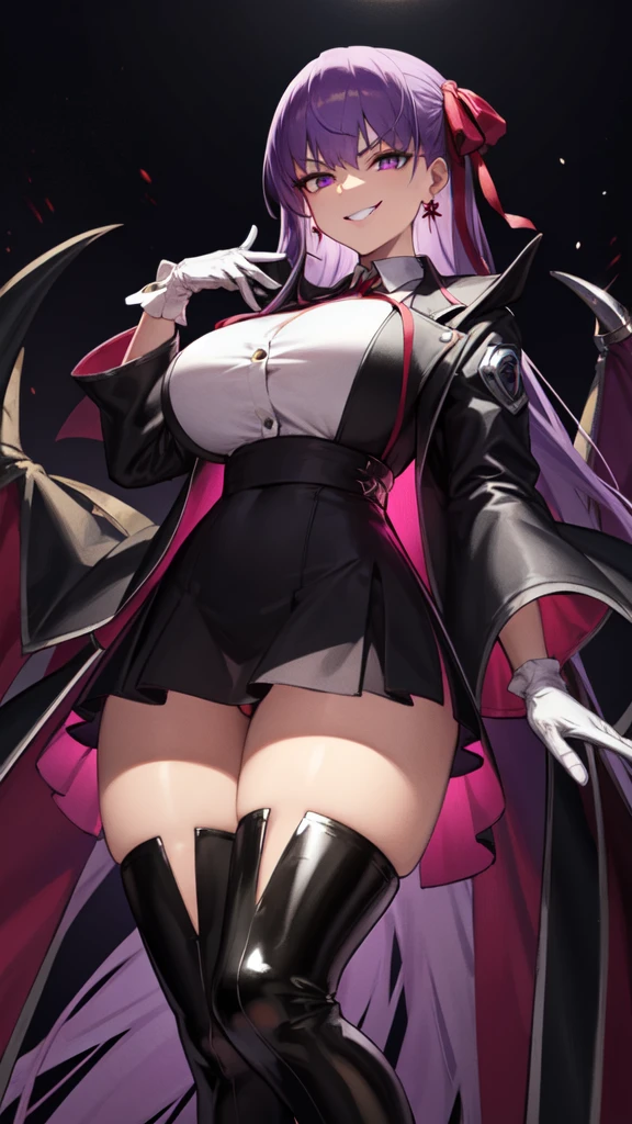  isometric, mid shot,  night, ,,, purple hair, black jacket, white shirt, black skirt, red ribbon, big breasts, purple eyes, white gloves, long hair, big collar, evil smile,,thighhigh boots,(evil smile:1.3),Highly detailed CG Unity 8K wallpaper, perfect lighting,laugh at,too evil smile,too evil smirk,looking down at viewer,,smile bad,deep shaded face,too evil fall,dark world background,