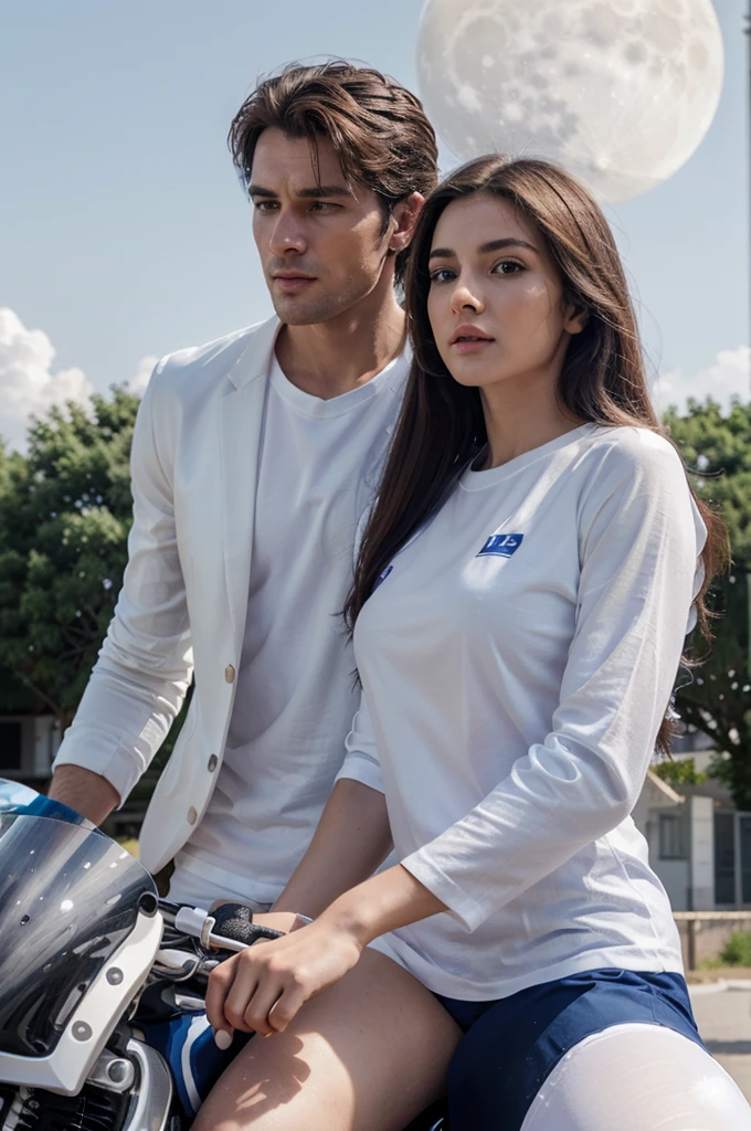 Best quality, super detailed, super realistic, ultra high resolution, 8K resolution, a handsome man dressed in a blue suit, white T-shirt is riding a motorbike on white clouds with a beautiful woman dressed in a black suit, white T-shirt that says 940X, in the background there is a moon and