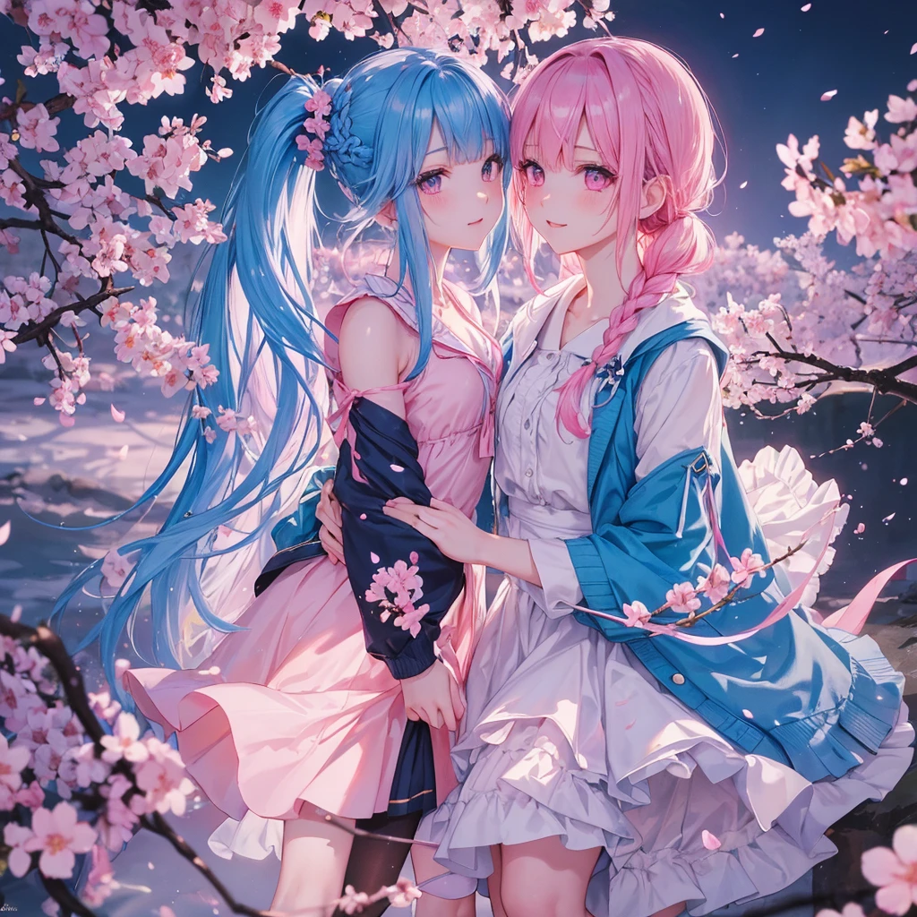 Sky blue hair, (Braided Ponytail),(Pink Eyes),Fair skin ,whole body,1 Girl,Smile,spring, cherry blossoms, Knee-high socks for school,, blazer, Straight bangs,(masterpiece, Highest quality, Super detailed, Best Shadow), (Detailed Background), (Beautifully detailed face), High Contrast, (Best lighting, Very delicate and beautiful), ((Cinematic Light)), colorful, Hyper Detail, Dramatic Light, Intricate details,cherry blossoms吹雪