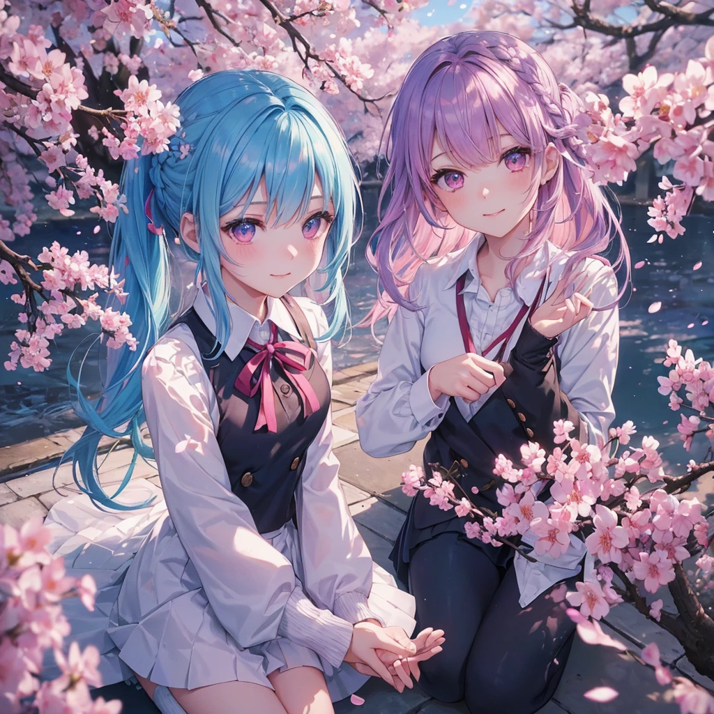 Sky blue hair, (Braided Ponytail),(Pink Eyes),Fair skin ,whole body,1 Girl,Smile,spring, cherry blossoms, Knee-high socks for school,, blazer, Straight bangs,(masterpiece, Highest quality, Super detailed, Best Shadow), (Detailed Background), (Beautifully detailed face), High Contrast, (Best lighting, Very delicate and beautiful), ((Cinematic Light)), colorful, Hyper Detail, Dramatic Light, Intricate details,cherry blossoms吹雪
