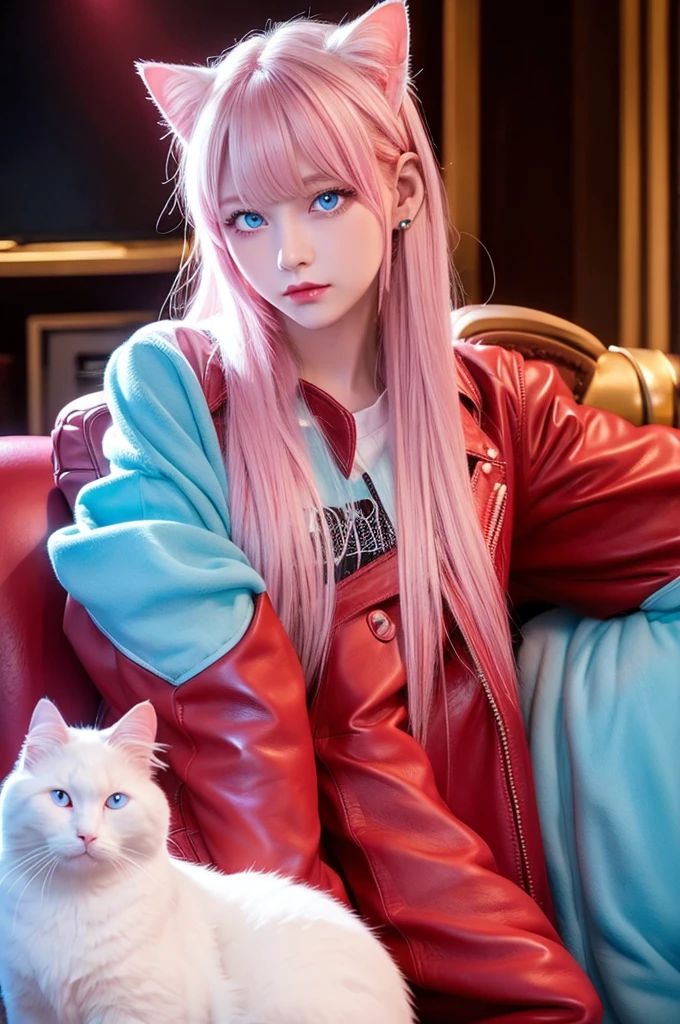 sitting on a red leather sofa Long white hair Cat ear Light blue eyes with heart-shaped highlights(Pink)