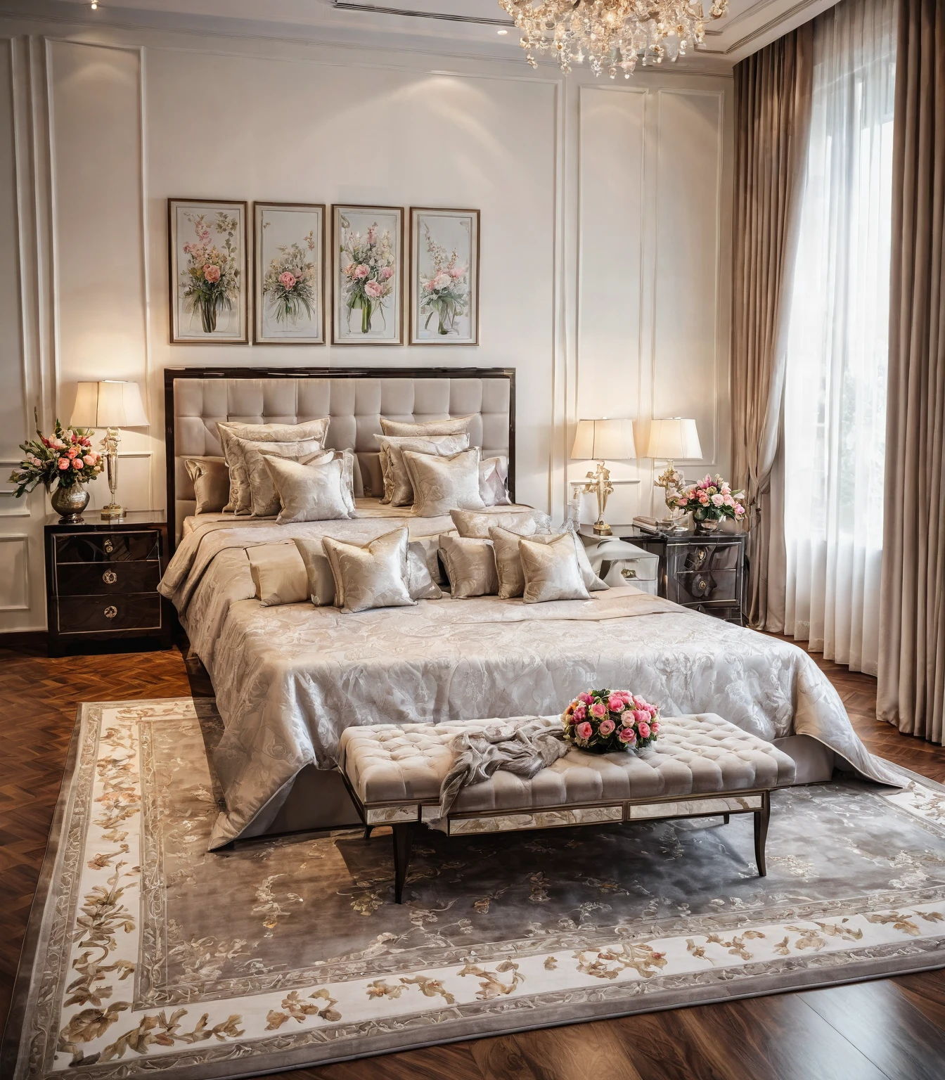 luxurious bedroom interior design, luxury, wood floor, rug, nice bed, table and lamp, picture frames, cabinet with flower vase on top, large window with curtain, (masterpiece:1.2), high quality image, nice detail, nice lighting, elegant,