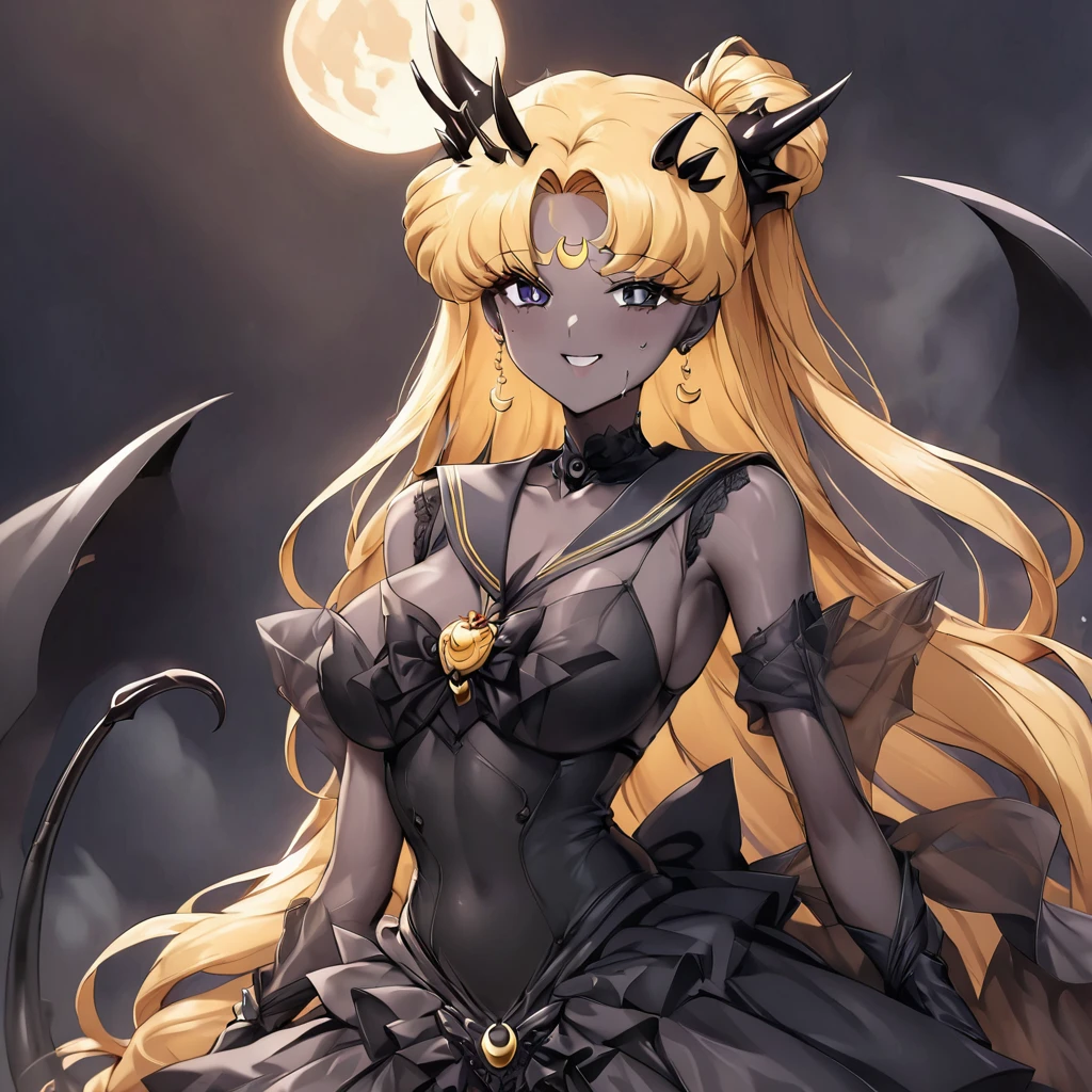((Highest quality)), ((masterpiece)), (detailed), (Perfect Face)、The woman is the bride of the Demon King, the Dark Queen of the Black Moon clan, the Demon Queen Black Sailor Moon, and the woman is a sexy female demon Sailor Moon with jet black skin.、The woman is a jet-black female demon with magnificent devil horns, jet-black devil wings, and a jet-black tail, her skin is jet-black, and she has a black inverted crescent moon mark on her forehead. Her gorgeous black skin is visible through her black see-through Gothic Victorian wedding dress, a black wedding veil, and a black see-through cape. She is a jet-black demon Sailor Moon with blonde hair, looking at the camera with a happy expression.2The expression of a girl in love with her long hair tied up、Woman is Black Sailor Moon