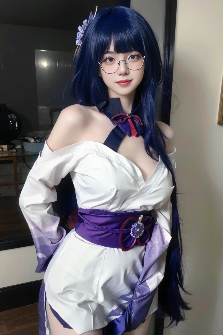 best quality, tmasterpiece,Ultra-high resolution,Clear face,(Reality:1.4),ferpect lighting,(upper body photo), (photorealistic:1.50), anime wallpaper, Guviz style artwork, cover-up fantasy up to magic , by Yang J, Guviz, beautiful artwork illustration, beautiful digital artwork, beautiful digital illustration, Li Song, beautiful anime portrait, art style in Beauvot, 1girl, 独奏, (medium Breasts: 1.2), Smile, Home, long hair, Ponytail hair, purple hair, (Glasses), bangs, White dress, Bare shoulders, (standing), upper body, smile, Inside the house, Glass,