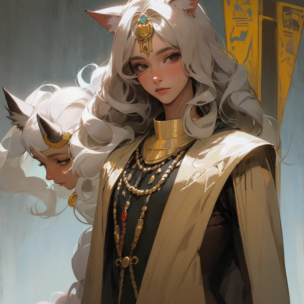 The illustration shows a character with a fusion of human and feline features. The character has long, wavy hair, cat ears that look soft and match your hair color, and a fluffy, voluminous tail. Visible clothing includes an Egyptian pharaoh costume . The art style is detailed and gives a realistic texture to the character's fur.”, paisaje, pharaoh's hall
