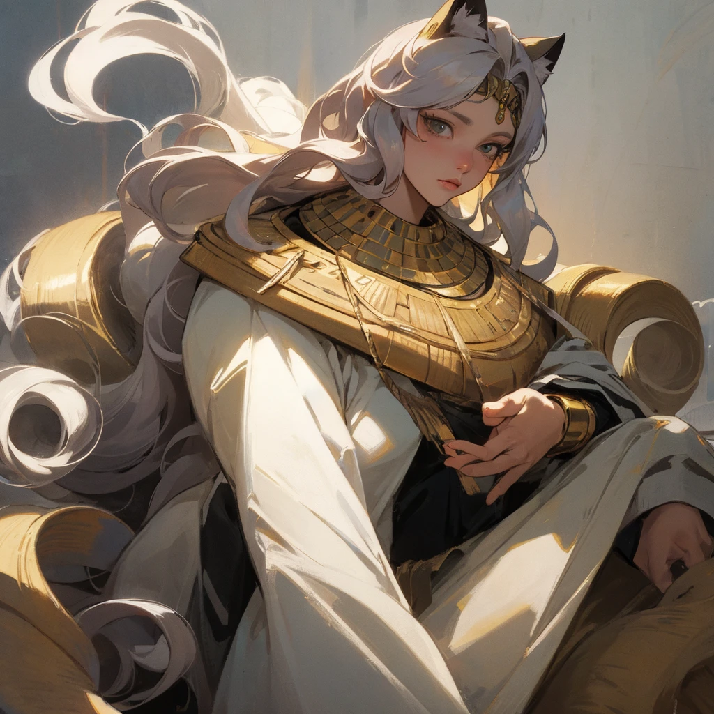 The illustration shows a character with a fusion of human and feline features. The character has long, wavy hair, cat ears that look soft and match your hair color, and a fluffy, voluminous tail. Visible clothing includes an Egyptian pharaoh costume . The art style is detailed and gives a realistic texture to the character's fur.”, paisaje, pharaoh's hall