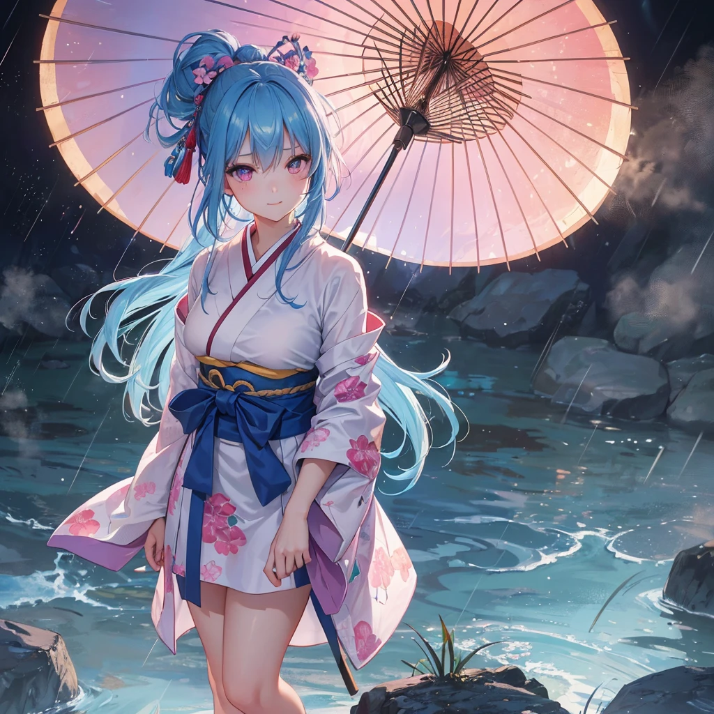 sky Blue hair, (braided ponytail),(pink eyes),fair skin ,(full body),(1 girl),smile,Straight Bangs,(masterpiece, best quality, ultra-detailed, best shadow), (detailed background), (beautiful detailed face), high contrast, (best illumination, an extremely delicate and beautiful), ((cinematic light)), colorful, hyper detail, dramatic light, intricate details,(rain shower),kyoto,big Japanese Umbrella,kimono,