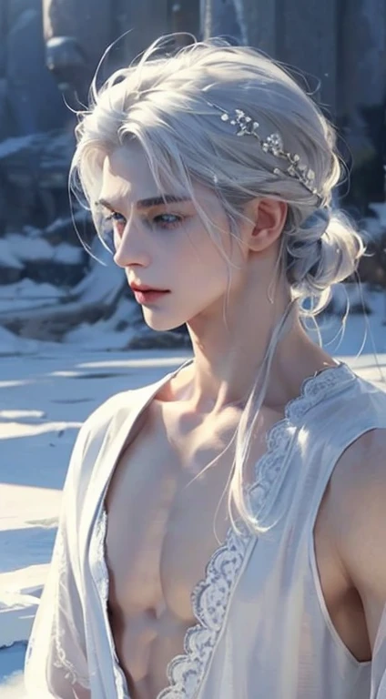 delicate man, 29-years-old, grayish white hair, longer section of hair on the side, ice blue eyes, scar on cheek, wears traditional clothes with lace applications, pale hair, beautiful blue eyes.