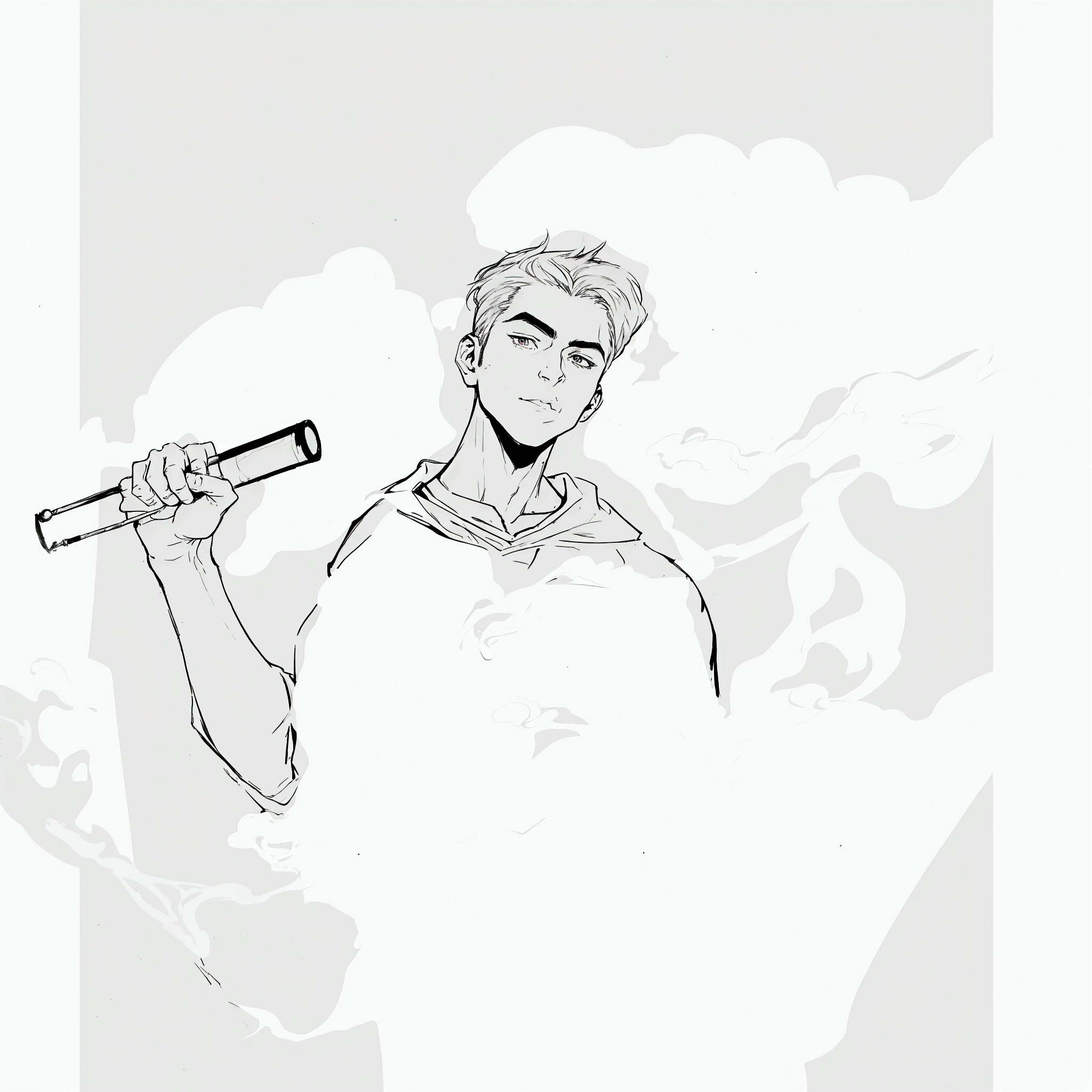 drawing of a man holding a baseball bat in his hand, he is smoking a cigarette, thick smoke around him, smoke around him, holding a wand, holding the wand, young and slim male alchemist, holding the wands, with smoke, wizard's pipe, high quality fanart, with cigar, Holding a magic staff, as a dnd character, holding the wand mais velha, official fan art