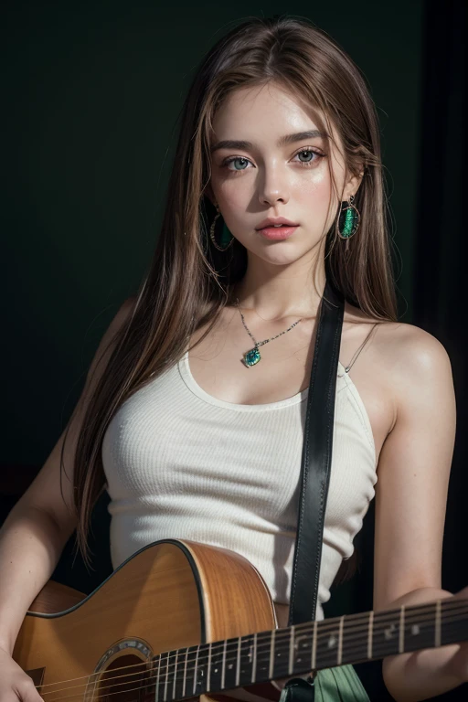 20 year old girl playing guitar, beautiful, brown hair, green eyes, white, sculptural body, mini skirt, desired, sensual mouth, penetrating eyes, hairpin, jewelry, crystal earrings, parted lips, Minimalism, cinematic lighting, perspective, UHD, retina, high quality