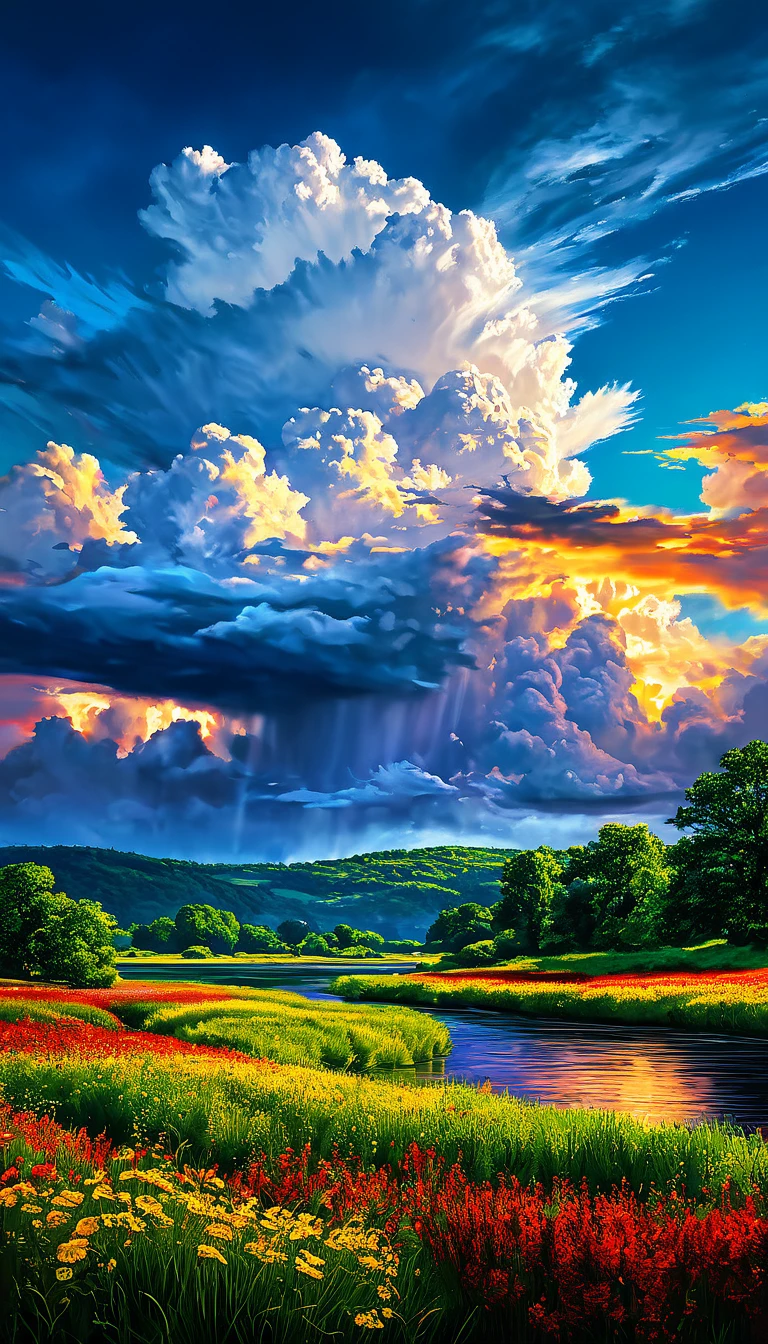 Summer sky (painterly style), Realistic, highly Realistic, Attention to detail, breathtakingly Realistic, High contrast realism, High Saturation Realism, Vibrant colors, Dramatic lighting, Fascinating landscape, Persuasive storytelling, Atmospheric scene, Captivating visuals, Intricate details, Strong emotions, Heavenly Beauty, A dreamlike world